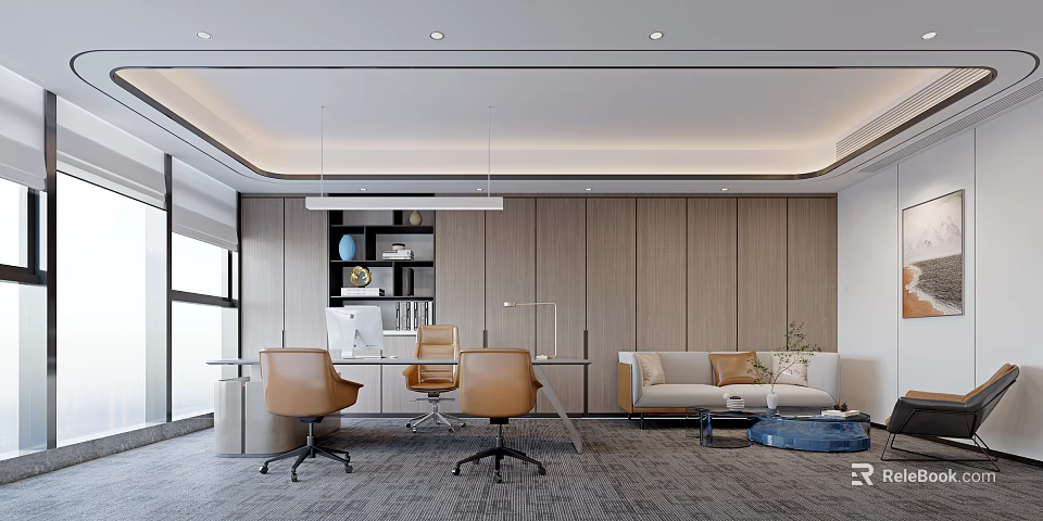 Modern Office Interior Design With Wooden Panel Walls Desk Chairs Sofa And Shelf 3d model 