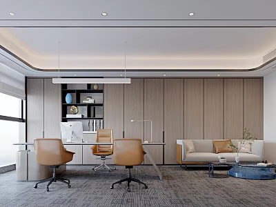 Modern Office Interior Design With Wooden Panel Walls Desk Chairs Sofa And Shelf 3d model