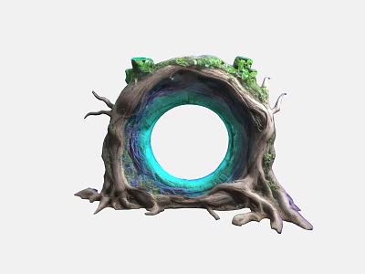 Mystical Tree Root Formation With Circular Hole And Blue Glow Surrounded By Green Moss 3d model