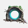 Mystical Tree Root Formation With Circular Hole And Blue Glow Surrounded By Green Moss