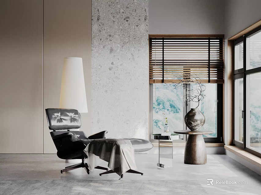 Comfortable Lounge Chair In Modern Interior With Floor Lamp Side Table And Wooden Blinds 3d model 