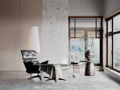 Comfortable Lounge Chair In Modern Interior With Floor Lamp Side Table And Wooden Blinds 3d model