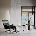 Comfortable Lounge Chair In Modern Interior With Floor Lamp Side Table And Wooden Blinds