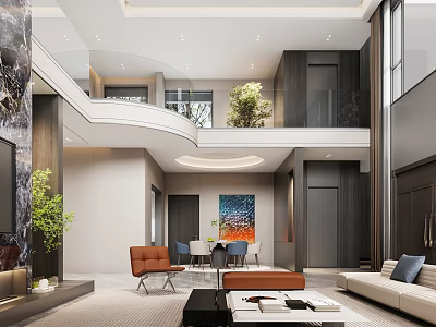 Duplex Living Room Interior Design With High Ceiling Sofa Coffee Table And Plants 3d model
