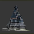Traditional Wooden Building With Blue Roof Spires And Carved Details On Pedestal Base