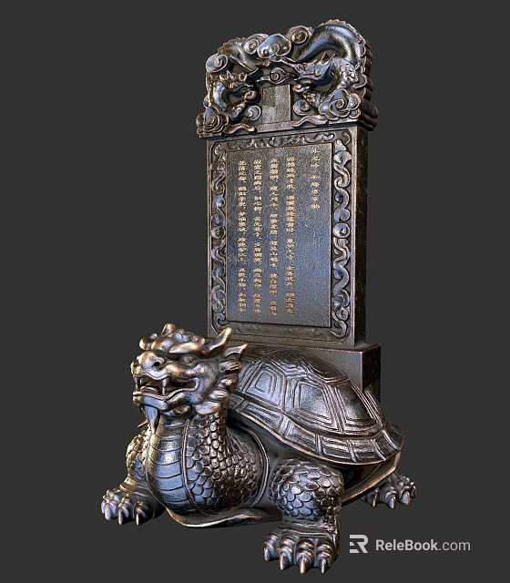 Traditional Garden Ornament Featuring Dragon Headed Tortoise With Stone Tablet And Carved Inscriptions 3d model 