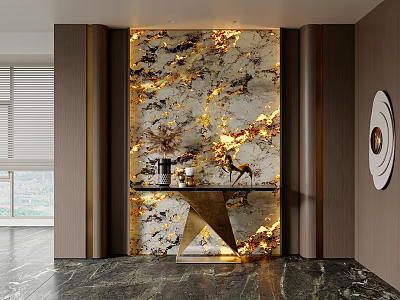 Luxurious Foyer Hallway Interior With Marble Feature Wall Golden Beige Patterns And Metal Console Table 3d model
