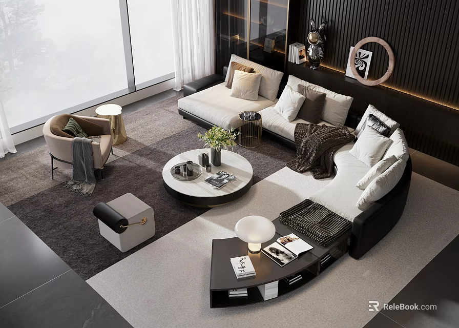 Modern Stylish Sofa Coffee Table Set With Round Marble Top And Plush Pillows 3d model