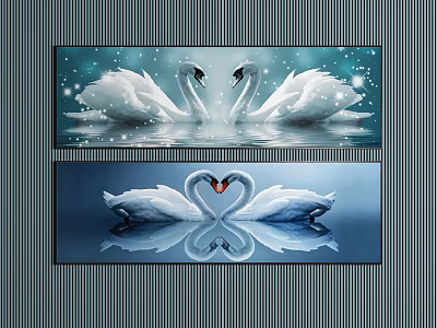 Swan Animal Painting With Two Swans Heart Shaped Heads Water Reflection And Snowflakes 3d model