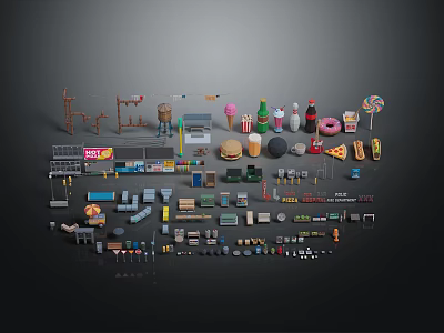 Colorful 3D Scene Components Collection With Street Lights Food Models And Traffic Signs 3d model