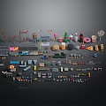 Colorful 3D Scene Components Collection With Street Lights Food Models And Traffic Signs