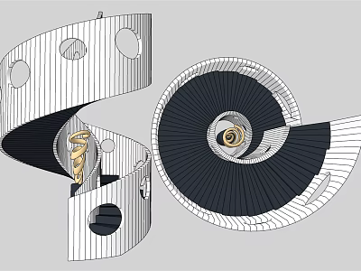 Modern Spiral Staircase Design With Hollowed-out Structure Circular Holes And Interior Gold Details 3d model