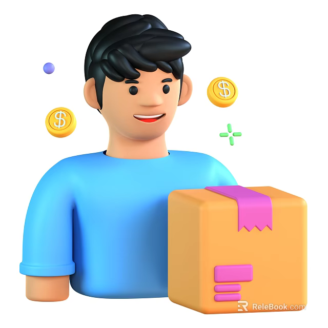 Man in Blue T-Shirt Holding Orange Package with Pink Ribbon Dollar and Green Plus Signs 3d model 