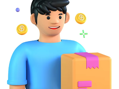 Man in Blue T-Shirt Holding Orange Package with Pink Ribbon Dollar and Green Plus Signs 3d model