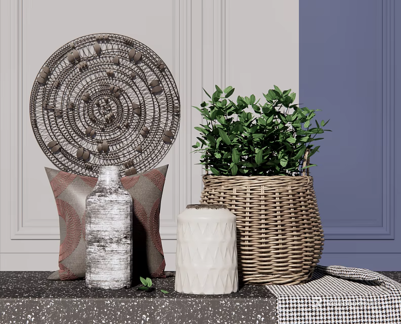 Decorative Ornament Set With Circular Woven Plate Green Plant Throw Pillow And Wicker Basket 3d model 
