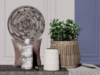 Decorative Ornament Set With Circular Woven Plate Green Plant Throw Pillow And Wicker Basket 3d model