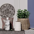 Decorative Ornament Set With Circular Woven Plate Green Plant Throw Pillow And Wicker Basket