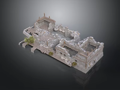 Ancient Architectural Ruins With Broken Walls Green Plants And Structural Remains 3d model