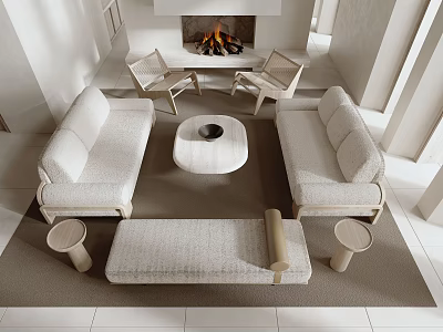 Modern Sofa Coffee Table Set With Fireplace Chairs Bench And Stools In Living Room 3d model