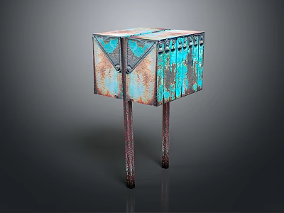 Vintage Rustic Metal Cabinet With Riveted Turquoise Patches And Weathered Iron Legs 3d model