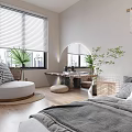 Modern Bedroom Interior With Wooden Ceiling Beams Gray Curtains Large Windows And Green Plants