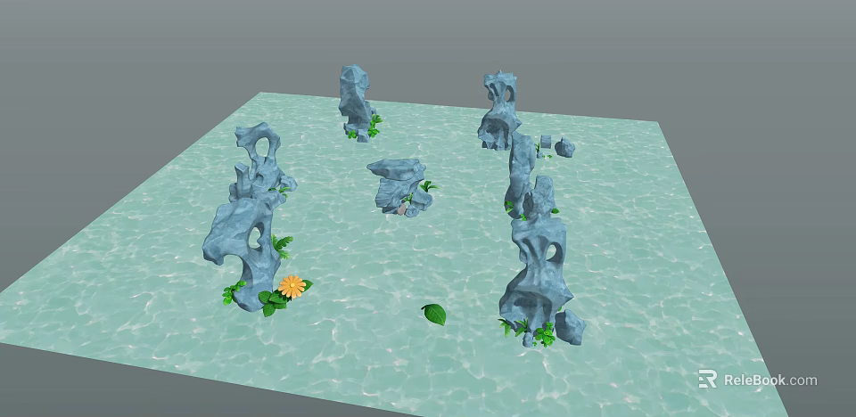 Natural Rock Formations With Green Plants And Yellow Flower On Water Surface 3d model 