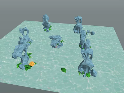 Natural Rock Formations With Green Plants And Yellow Flower On Water Surface 3d model