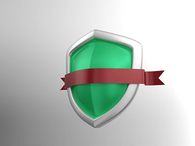 3D Rendered Green Shield With Silver Border And Red Ribbon 3d model