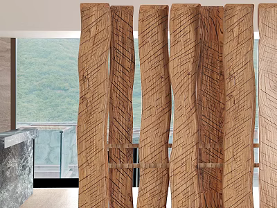 Modern Wooden Room Divider With Vertical Slats And Natural Grain In Interior Space 3d model