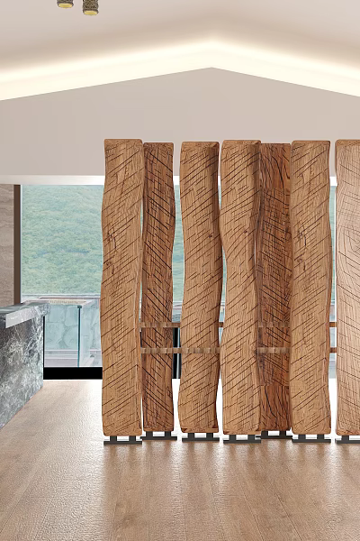 Modern Wooden Room Divider With Vertical Slats And Natural Grain In Interior Space 3d model