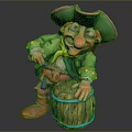 Colorful Pirate Statue With Green Hat Red Brim Green Coat And Wooden Barrel Blue Stripes