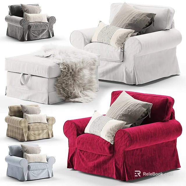 Stylish Single Sofa In Various Colors With Cushions Ottoman And Fluffy Blanket 3d model 