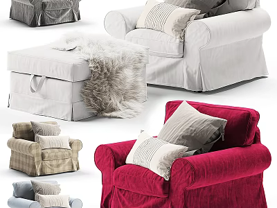 Stylish Single Sofa In Various Colors With Cushions Ottoman And Fluffy Blanket 3d model