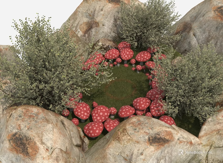 Garden Landscape Featuring Rocks Green Bushes and Red Mushrooms with White Spots 3d model 