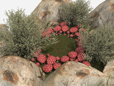 Garden Landscape Featuring Rocks Green Bushes and Red Mushrooms with White Spots 3d model