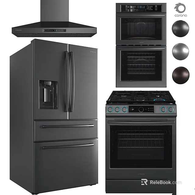 Modern Black Kitchen Appliances With Refrigerator Oven Stove And Range Hood 3d model 