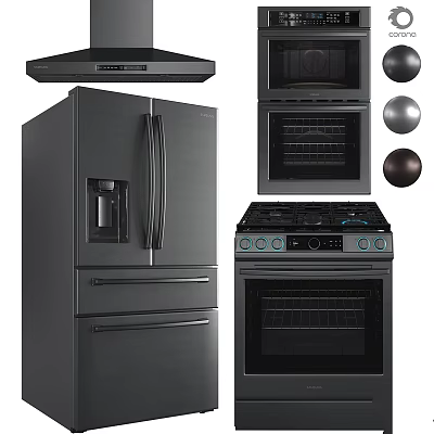 Modern Black Kitchen Appliances With Refrigerator Oven Stove And Range Hood 3d model