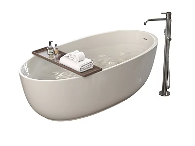White Freestanding Bathtub with Tall Faucet and Wooden Tray Holding Towels and Toiletries 3d model