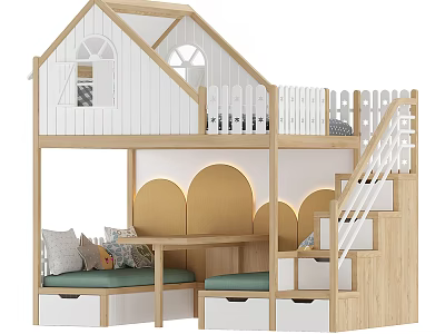 House Shaped Wooden Bunk Bed With Staircase Storage Drawers And Upholstered Seat For Kids Room 3d model