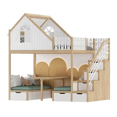 House Shaped Wooden Bunk Bed With Staircase Storage Drawers And Upholstered Seat For Kids Room 3d model