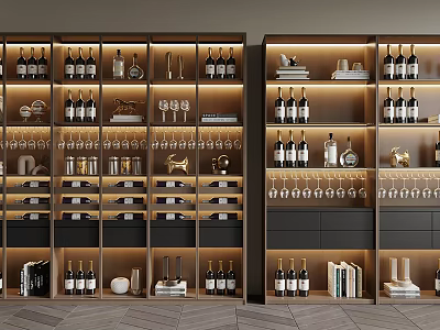 Elegant Modern Wine Cabinet With Shelves Wine Bottles Glassware And Books 3d model