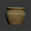 Ancient Handcrafted Clay Pot With Sculpture Carving Striped Decoration And Cracked Surface