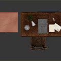 Home Office Furniture with Wooden Desk Red Filing Cabinet Chair Table Lamp and Framed Map