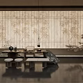 Modern Zen Teahouse Interior with Bamboo Patterned Wall Tea Sets Stone Decor and Wooden Seats