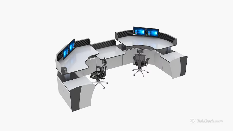 Modern Curved Desk And Chair Set With Multiple Monitors For Office Workstation Design 3d model 