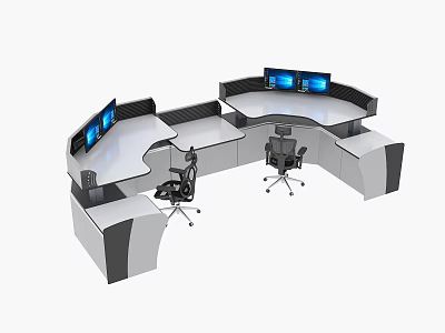 Modern Curved Desk And Chair Set With Multiple Monitors For Office Workstation Design 3d model