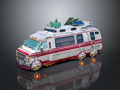 Custom White Camper Van With Red Stripes Solar Panels And Illuminated Wheels 3d model