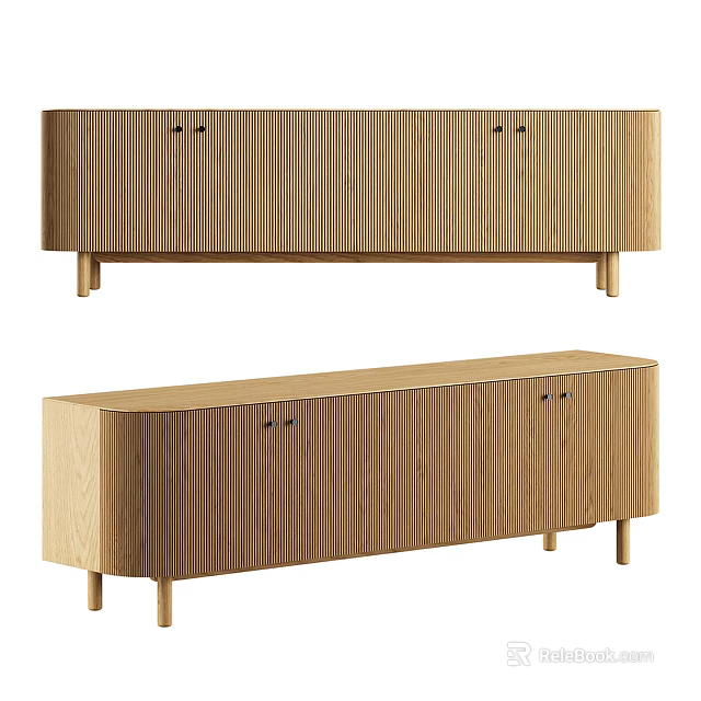 Light Wood TV Stand With Vertical Slat Cabinet Doors And Slim Legs 3d model 