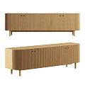 Light Wood TV Stand With Vertical Slat Cabinet Doors And Slim Legs