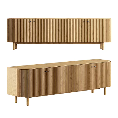 Light Wood TV Stand With Vertical Slat Cabinet Doors And Slim Legs 3d model